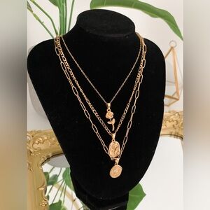 3 piece set vintage rose layering necklace stainless steel